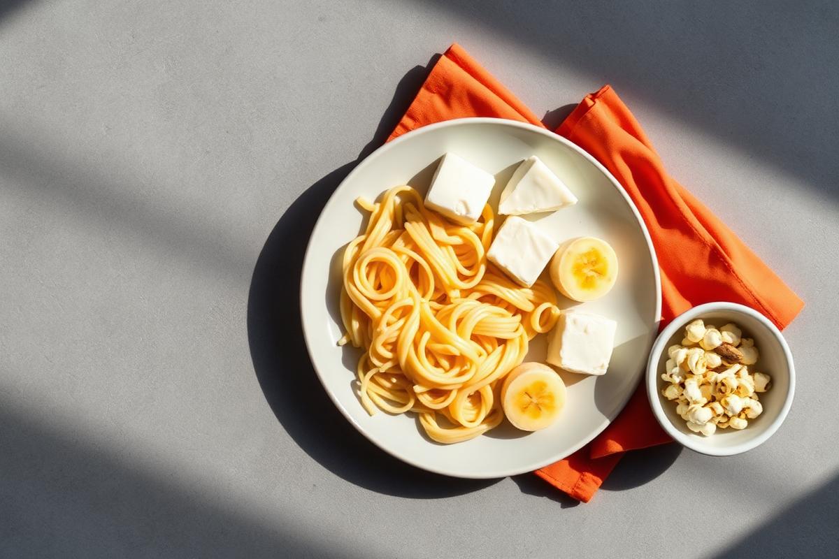 Plate of braces-friendly soft foods next to a bowl of hard foods to avoid
