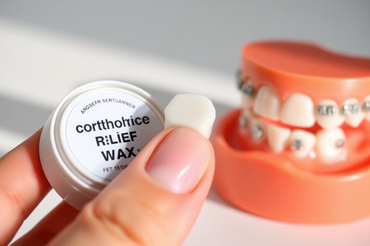 Container of orthodontic relief wax with a piece pinched between fingertips beside a braces model